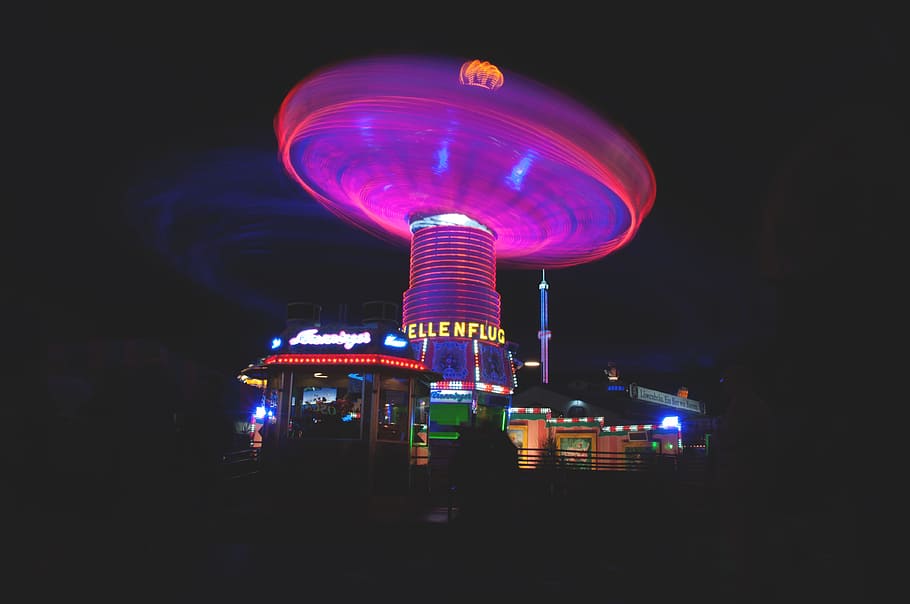 lighted amusement park during night, ride, glow, swing carousel HD wallpaper