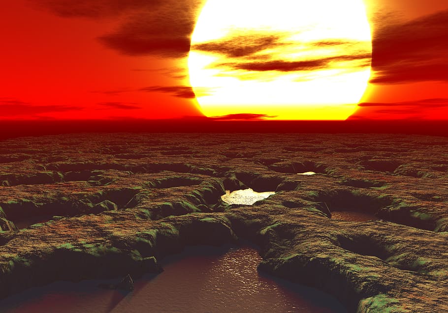 sunset, water, seashore, dusk, dawn, landscape, hot, alien planet HD wallpaper