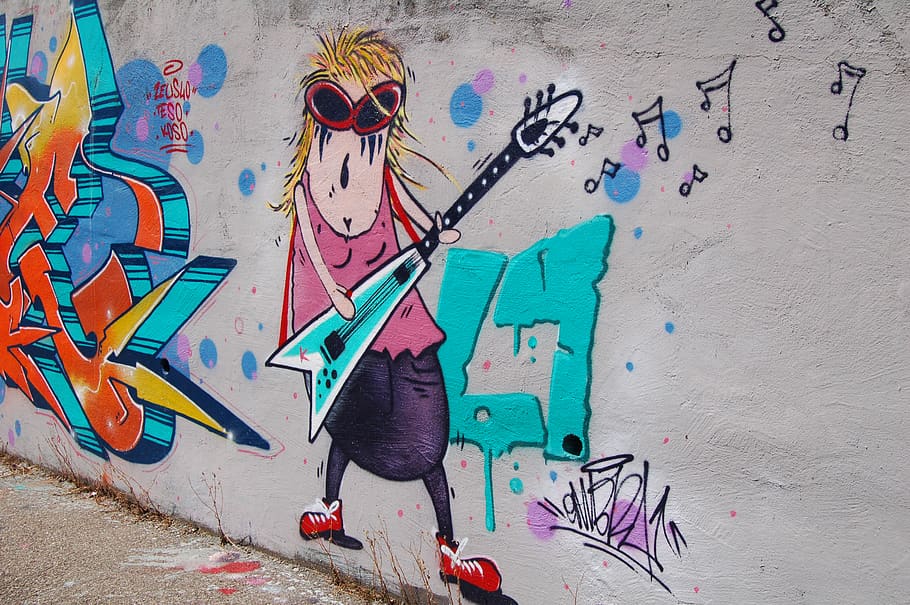 A wall painting of a fat woman wearing rockstar glasses playing an electric guitar., HD wallpaper