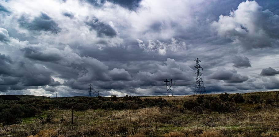 Photo of Green Grass and Tress, blue sky, clouds, electrical lines HD wallpaper