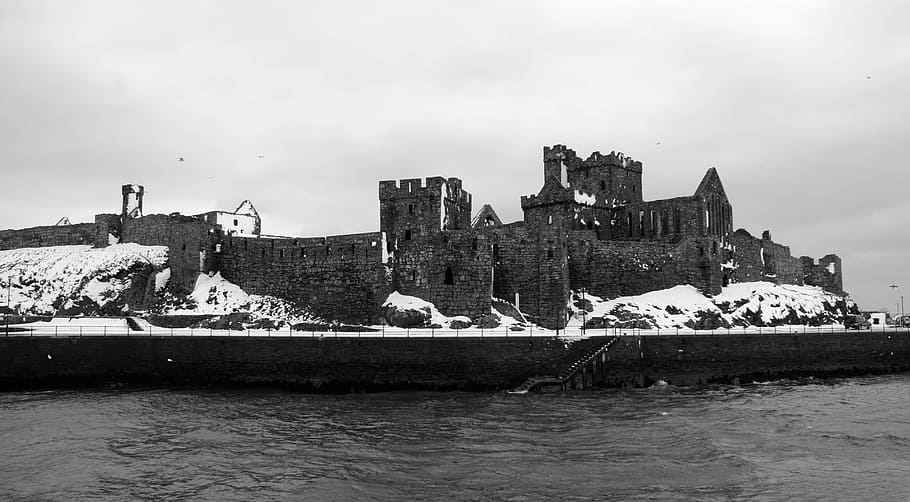 sea, black and white, boat, ship, vehicle, castle, fortification