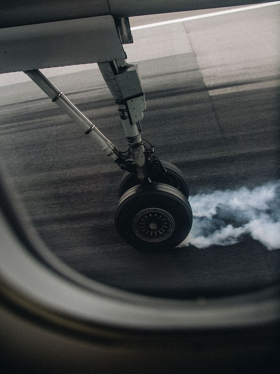 black airliner, grey, plane, wheel, travel, smoke, motion, rough HD wallpaper
