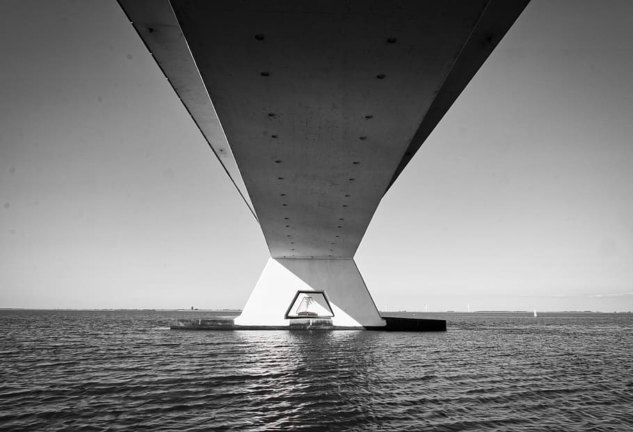 bridge, water, black and white, zeeland, sea, sky, built structure