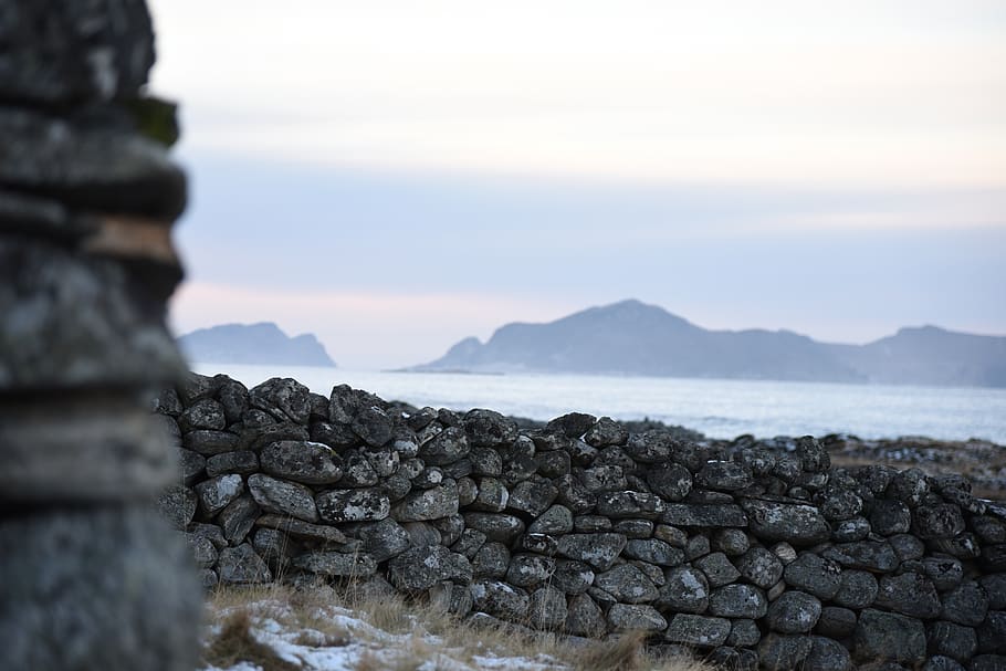 Photo of Wall Made of Rocks, basalt, beach, foggy, gloomy, hazy