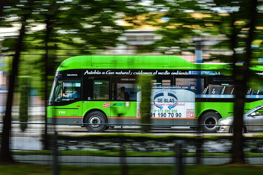 Green Bus, action, blur, car, city, daylight, downtown, motion HD wallpaper