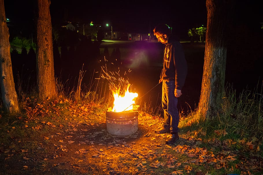 fire, human, person, flame, bonfire, camping, night, forest