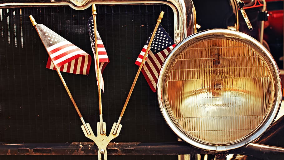 three U.S.A. flags, light, symbol, headlight, car, automobile HD wallpaper