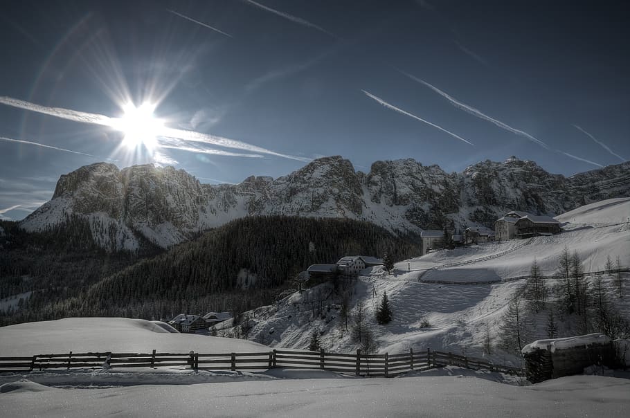 Snow Covered Mountain Illustration, clouds, cold, daylight, fence HD wallpaper