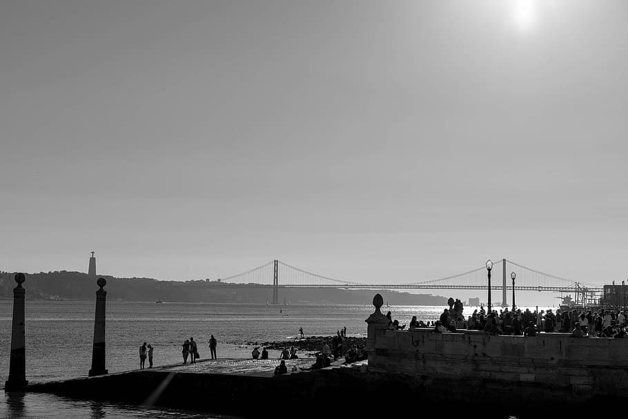 lisbon, bridge, sunset, tejo, portugal, black, white, water HD wallpaper