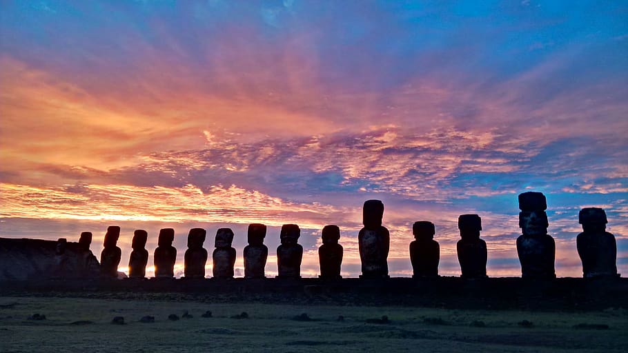 moai, sunrise, easter island, history, culture, outdoors, sky