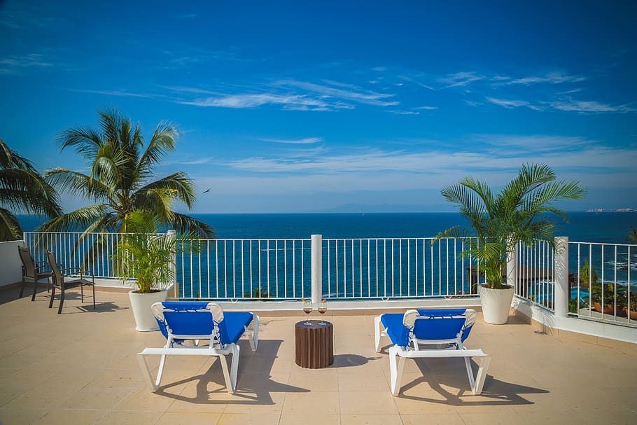 Photo of Loungers, beach chairs, clouds, coconut trees, daylight HD wallpaper