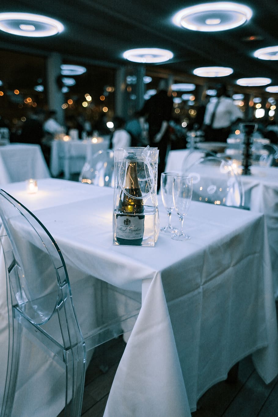 white labeled bottle on table, glass, glass - material, restaurant HD wallpaper