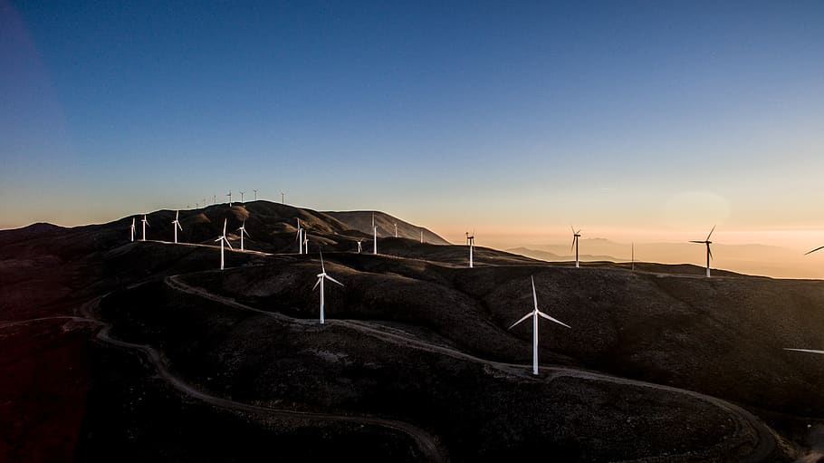 dark, sunset, windmill, solar, energy, highland, mountain, landscape HD wallpaper