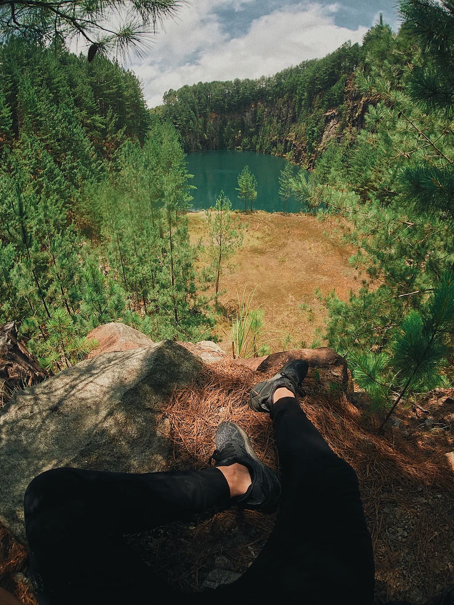 Man Sitting on a Rock Near a Lake, forest, nature, perspective HD wallpaper