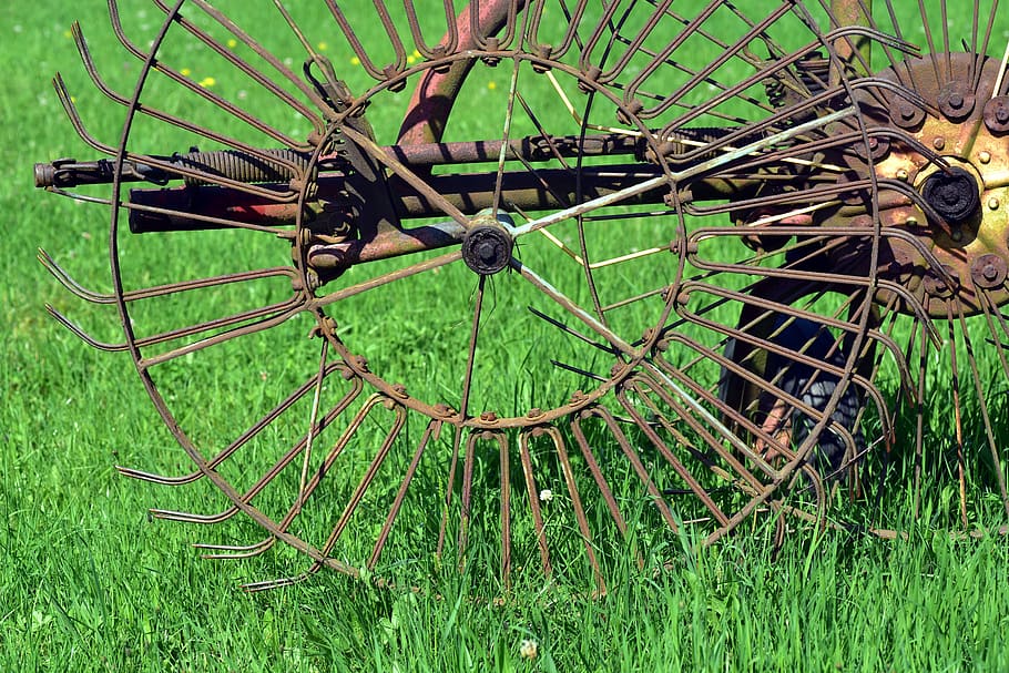 hay tedders, agriculture, rural, machine, rust, wheel, harvester, HD wallpaper