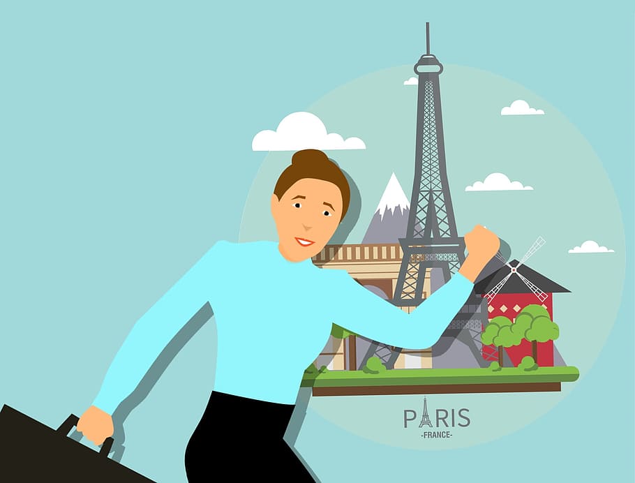 Traveller with bags and France landmarks. Illustration of world travel.