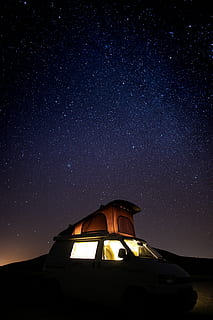 camper van under starry sky during nighttime, nature, outdoors HD wallpaper