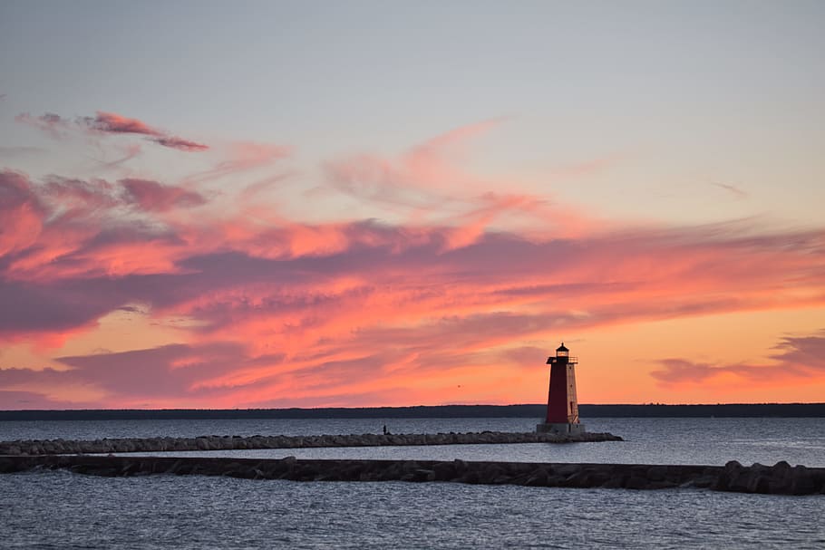 Lighthouse Surrounded by Body of Water, beach, clouds, dawn, dusk HD wallpaper