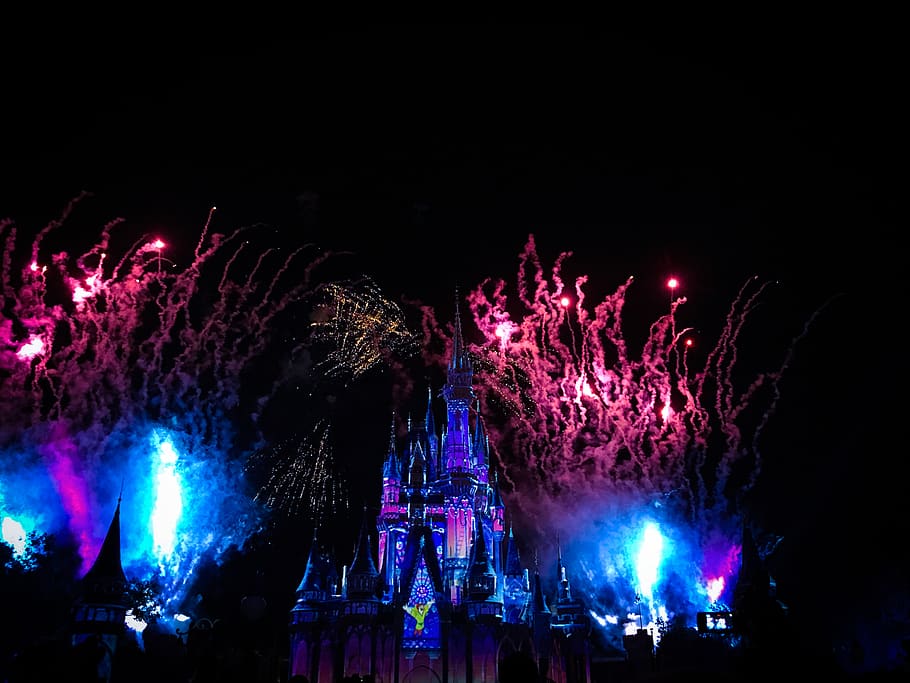 disney, castle, fireworks, night, illuminated, celebration HD wallpaper