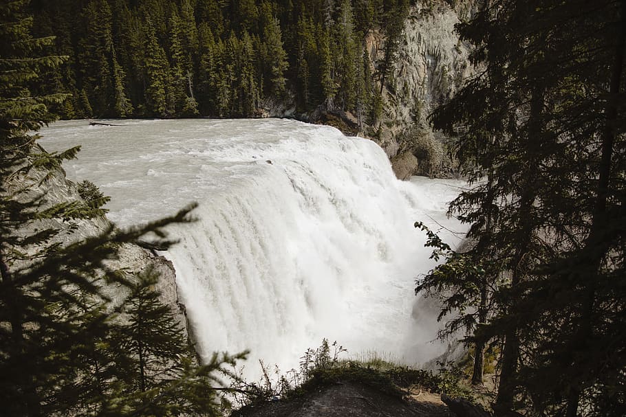waterfalls in mountain, outdoors, nature, river, tree, plant HD wallpaper