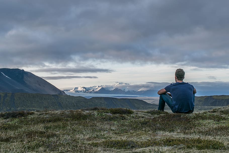 clouds, grass, landscape, mountain, nature, outdoors, person HD wallpaper
