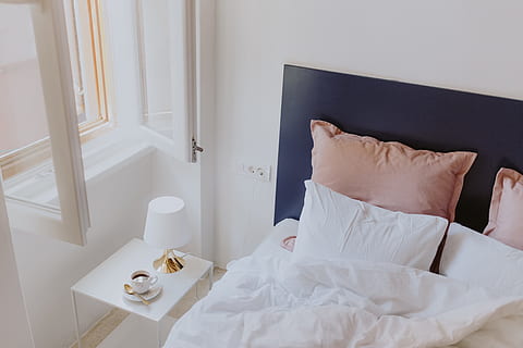 White bedroom interior with window, pillows, scandi, bedding HD wallpaper