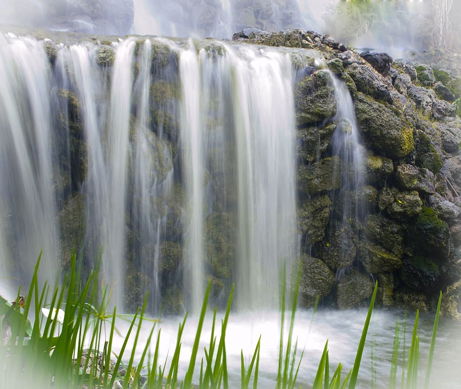 Waterfall Near Grass Field, cascade, clean, environment, flow HD wallpaper
