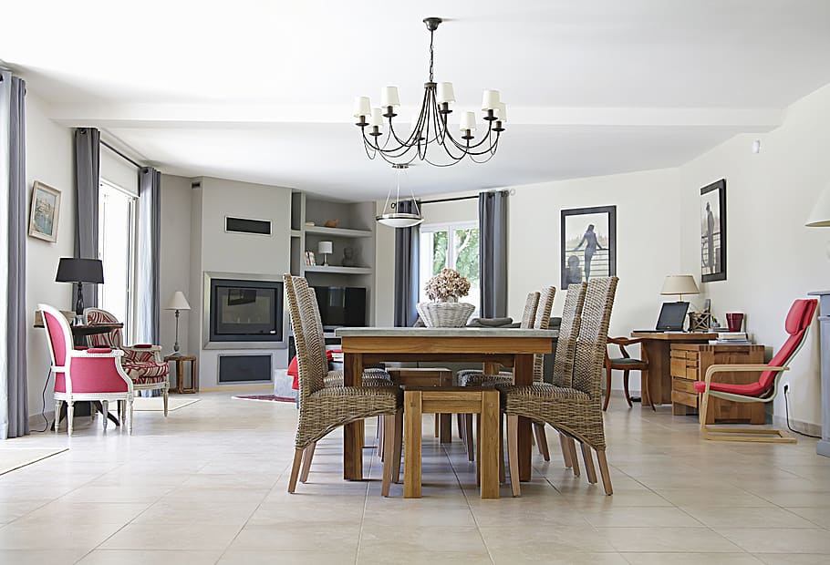 Rectangular Brown Wooden Dining Table and Six Gray Chairs Indoors HD wallpaper