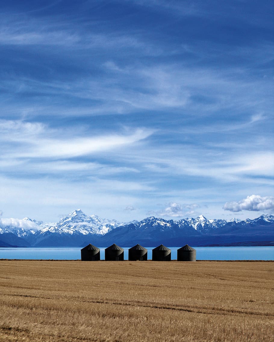 mountain range, sky, wheat field, silo, cloud - sky, tranquil scene HD wallpaper