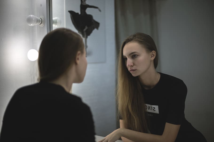Woman in Black Shirt Facing Mirror, beautiful, girl, reflection HD wallpaper