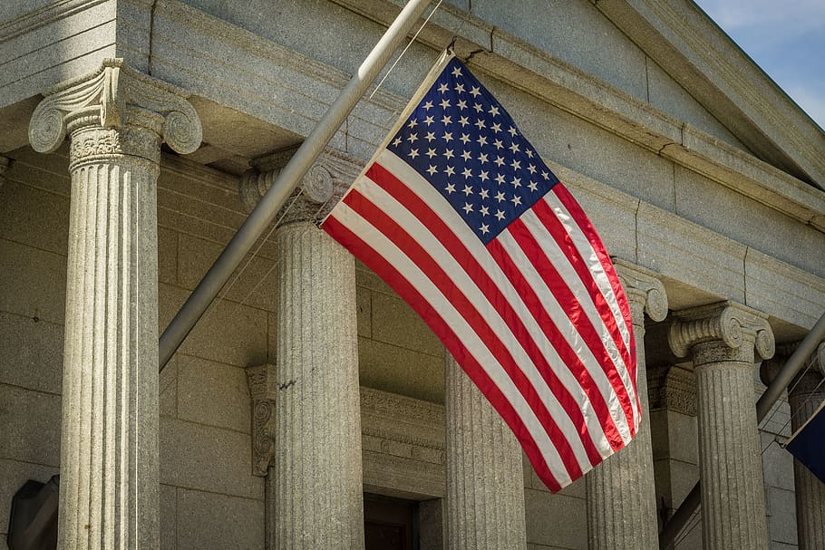 USA flag, patriotism, architecture, striped, low angle view, star shape HD wallpaper