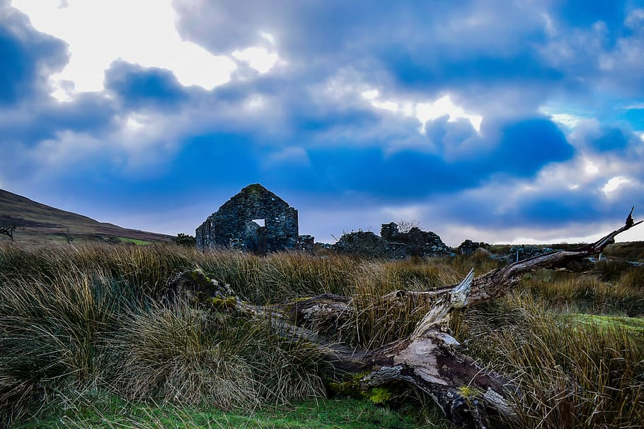derelict, ruin, tholtan, grass, landscape, sky, cloud - sky HD wallpaper