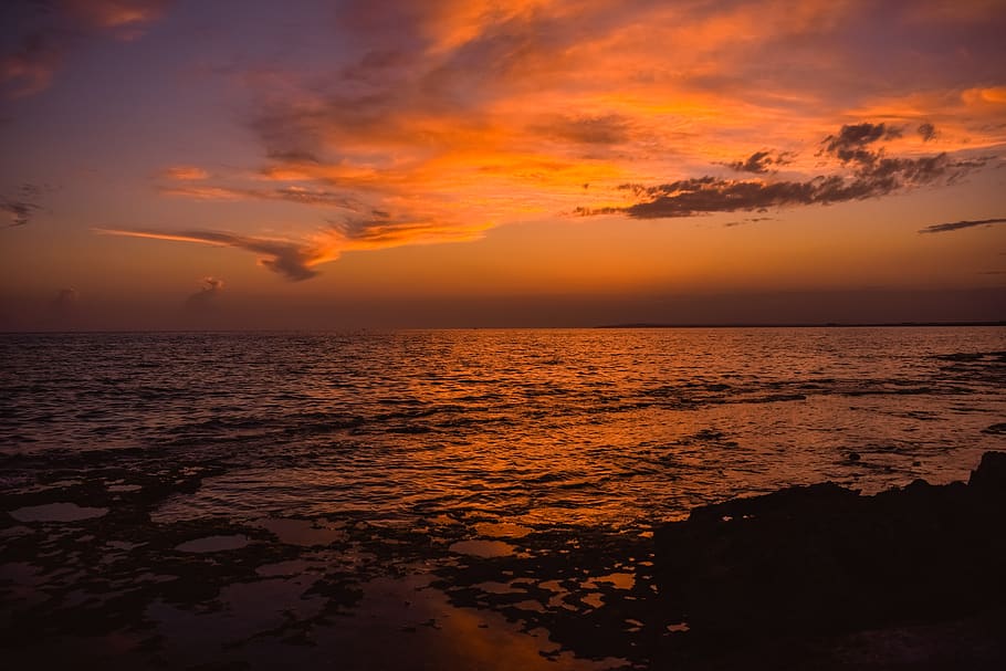 sunset, sea, clouds, sky, dusk, nature, twilight, evening, beach HD wallpaper