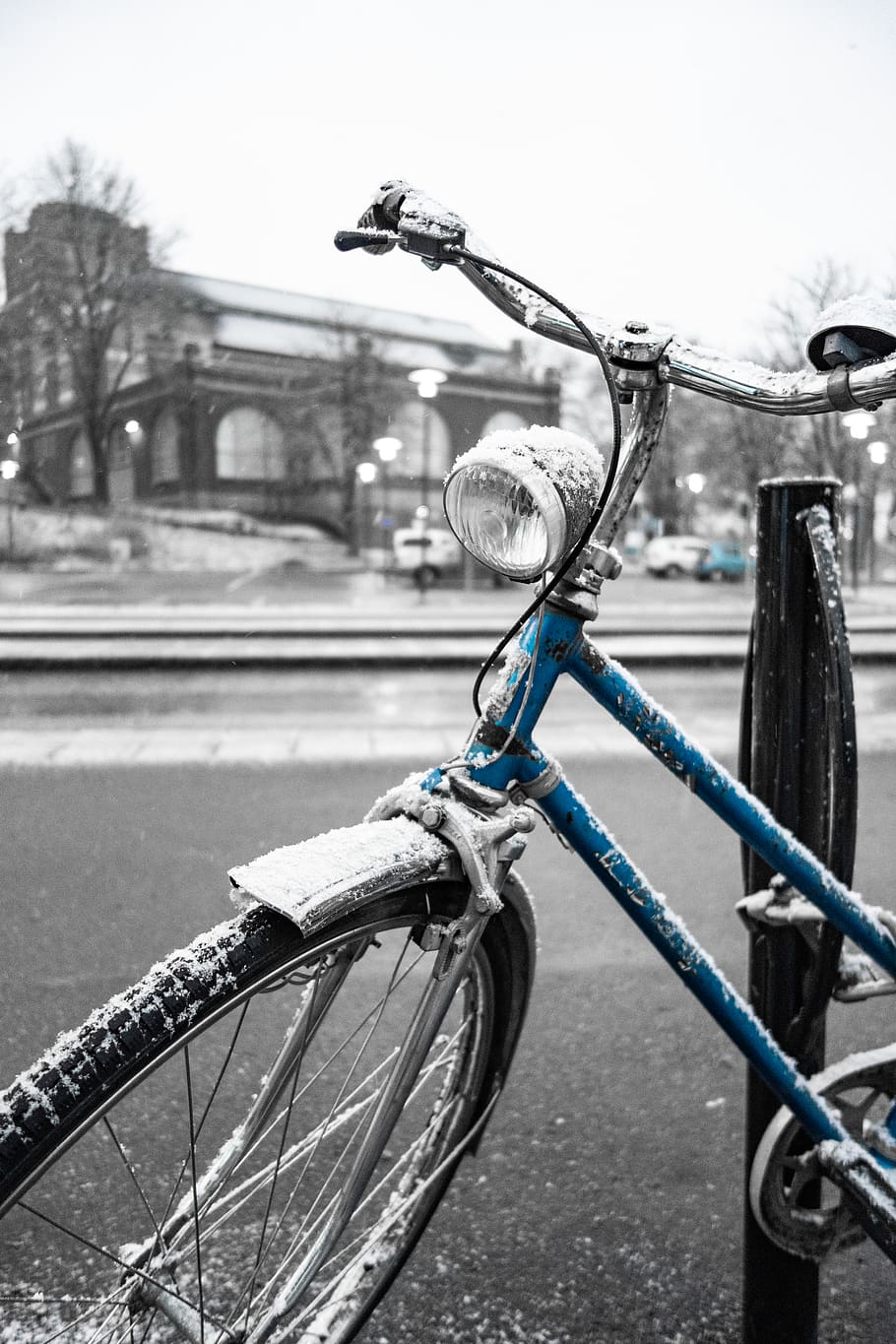 winter, bicycle, ride, snow, blue, bicyclestand, transportation HD wallpaper