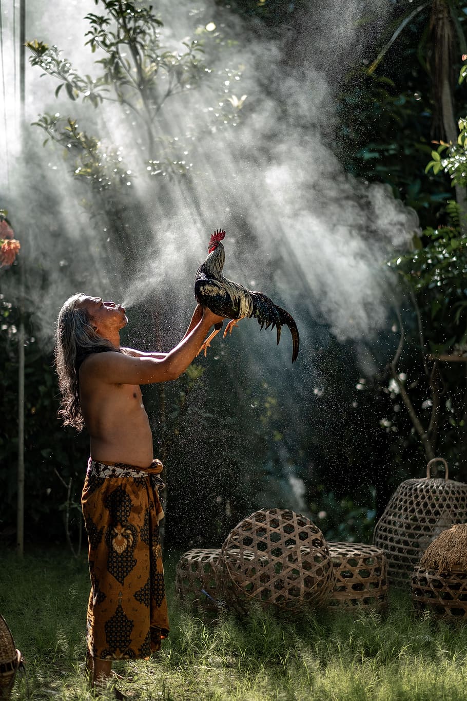 man raising rooster while blowing smoke during daytime, outdoors HD wallpaper