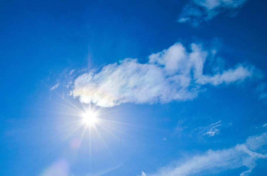 sky, sun, clouds, blue, cloud - sky, sunlight, sunbeam, low angle view HD wallpaper