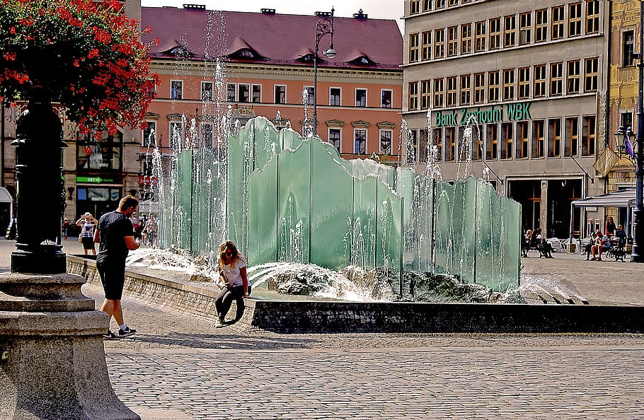 wrocław, wrocław market, fountain, ice fountain, townhouses, HD wallpaper