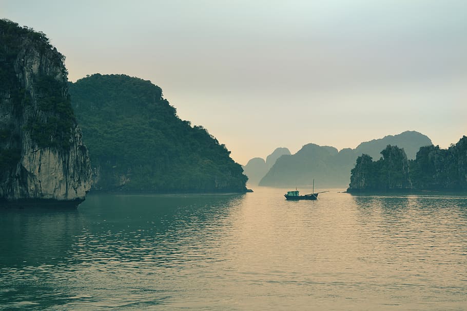 boat, islands, cliffs, sea, water, landscape, nature, nautical vessel HD wallpaper