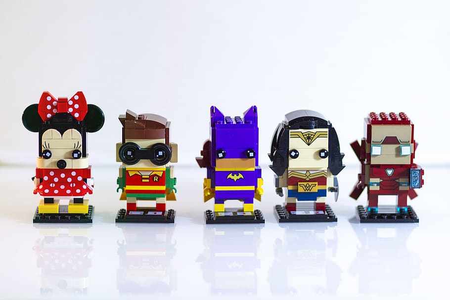 five assorted LEGO character figurines on white surface, studio shot HD wallpaper