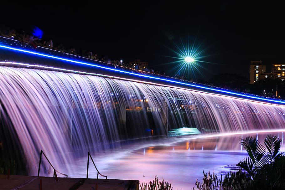 Led Water Fountain during Night, architecture, blur, bridge, city HD wallpaper