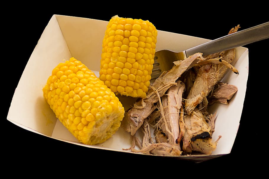 corn, food, plant, vegetable, meal, butter, pork, fork, citrus fruit HD wallpaper