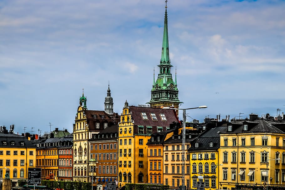 yellow painted building, architecture, tower, steeple, spire HD wallpaper