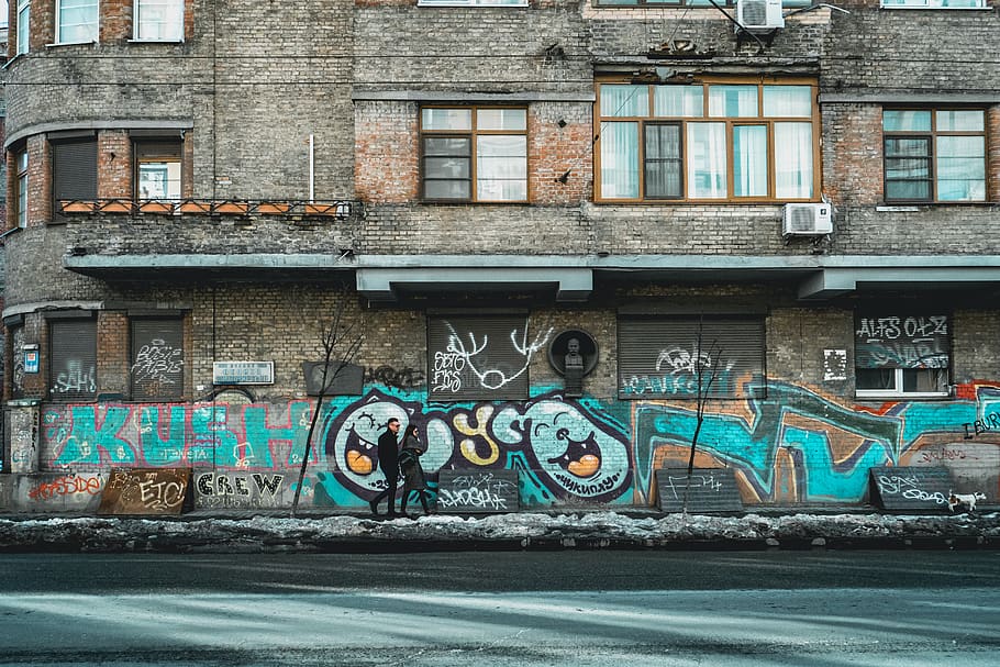 ukraine, kyiv, velyka zhytomyrska street, people, walking, graffiti