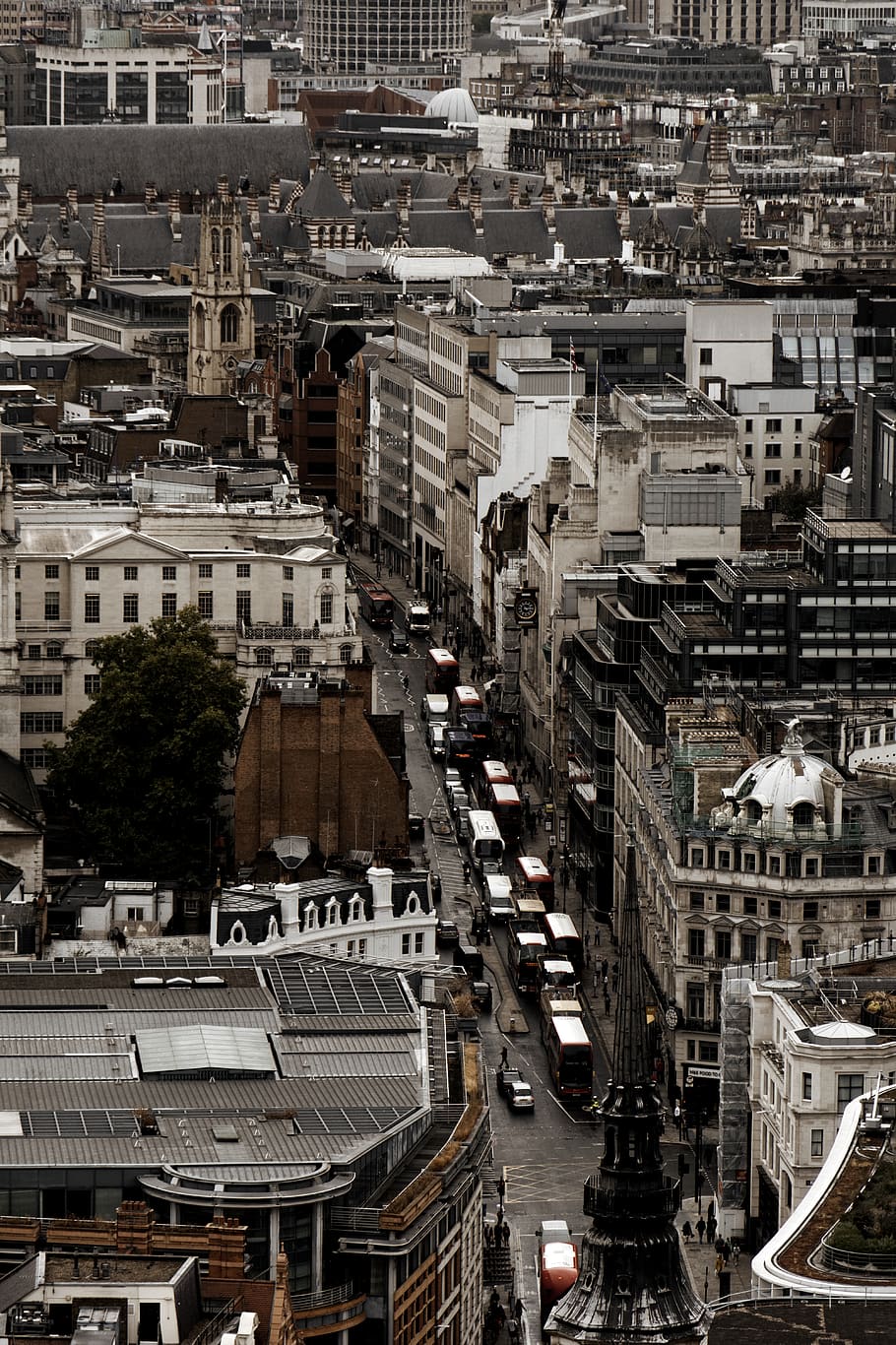 road filled with vehicles in between structures, outdoors, aerial view HD wallpaper