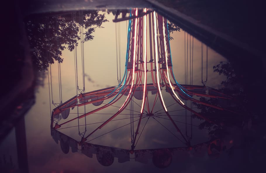 Carousel in the evening park, water, reflection, still, rain HD wallpaper