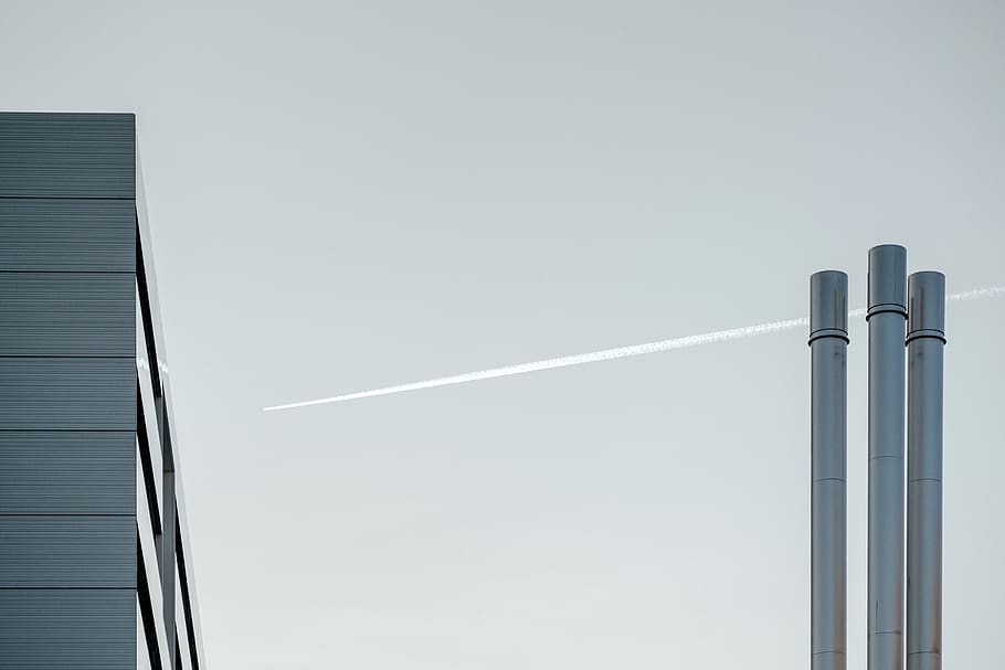 architecture, building, infrastructure, blue, sky, tower, jetplane HD wallpaper