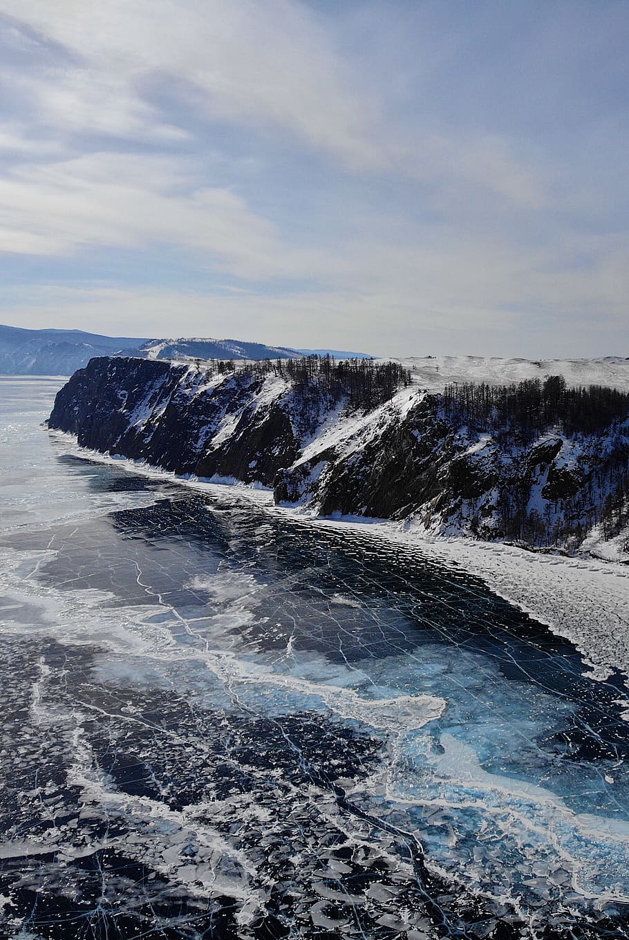 body of water near mountain, baikal lake, khuzhir, glacier, plateau