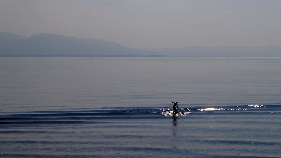 bodensee, lake constance, germany, surfer, mountain, wave, waves HD wallpaper