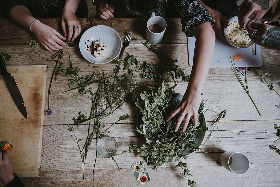 person's left arm on green leaves, table, herb, hand, sage, bowl HD wallpaper