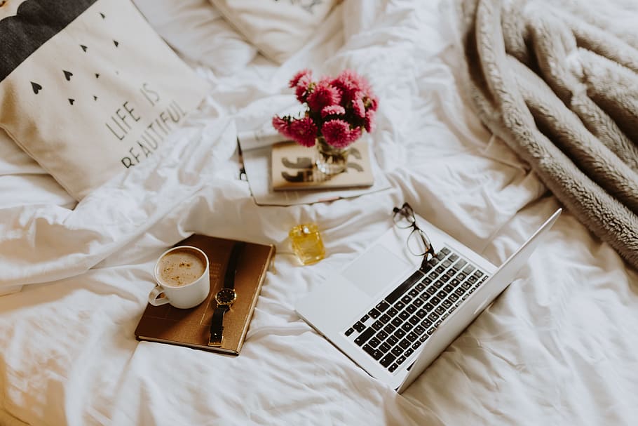 Morning coffee in bed. Working in bed, home office, bed office HD wallpaper